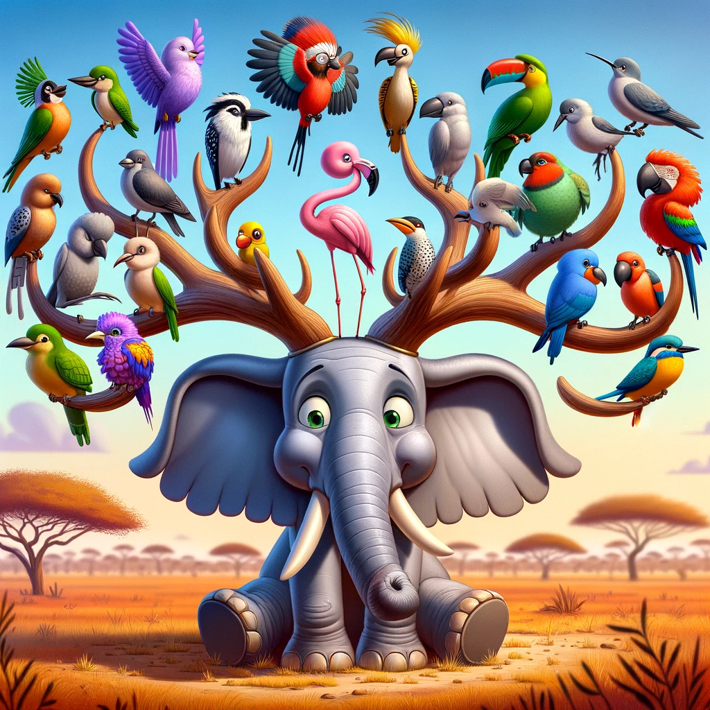 DALL·E 2023-12-23 18.36.53 - A whimsical and imaginative scene featuring the cartoon elephant from the previous images, now adorned with majestic 42-point antlers. Each point of t